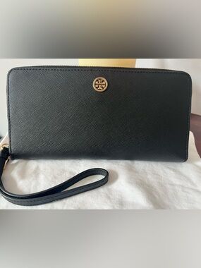 Tory Burch Black Saffiano Zip-Around Wristlet with Gold Logo